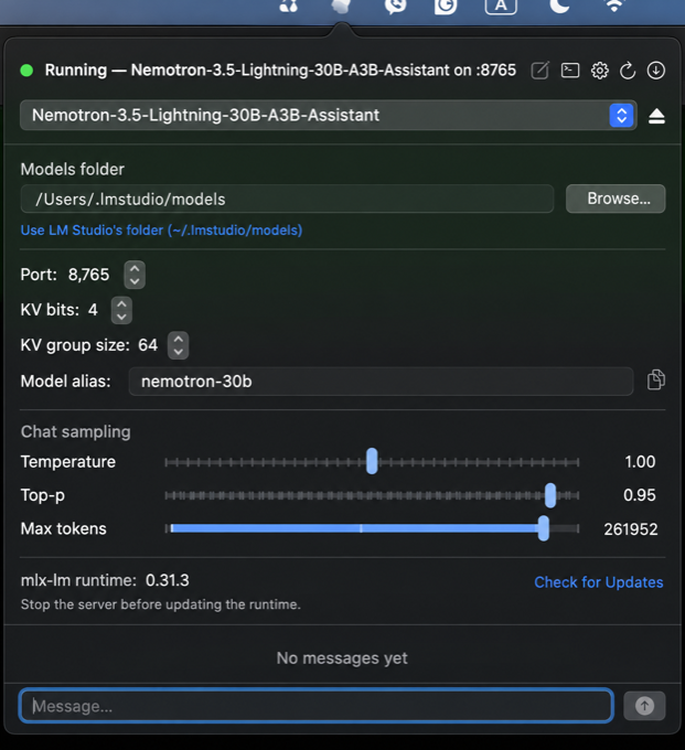 LLMTray's menu bar popover, showing a running server, model picker, and chat settings